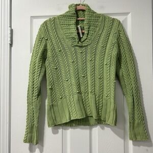 Leo & Nicole 100% Cotton Cable Knit Sweater Womens Small Green Cottagecore Cozy